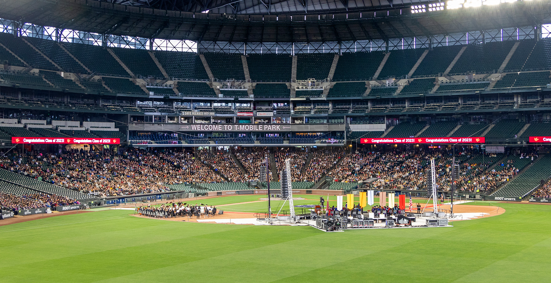 Far-away view of the SPU Commencement stage in the center of T-Mobile Park | photo by Mike Siegel