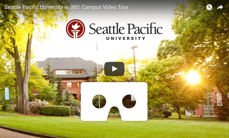 Campus view with play button overlay