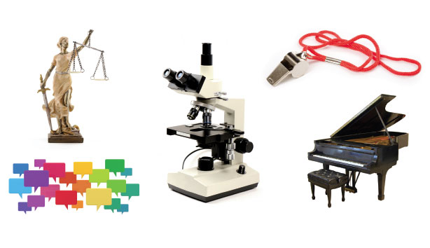 Microscope, piano, whistle, scales of justice
