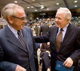 President Eaton greets Jurgen Moltmann