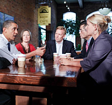 President Barack Obama holds a round table discussion with local small business owners during a stop at Grand Central Bakery in Seattle, Washington (Official White House Photo by Chuck Kennedy)